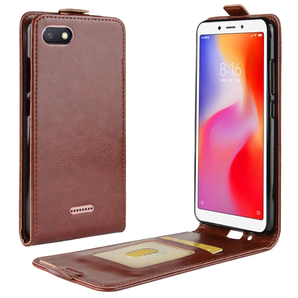 Crazy Horse Vertical Leather Card Holder Casing for Xiaomi Redmi 6A (Single 12MP Rear Camera)