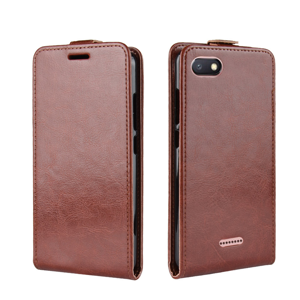 Crazy Horse Vertical Leather Card Holder Casing for Xiaomi Redmi 6A (Single 12MP Rear Camera)