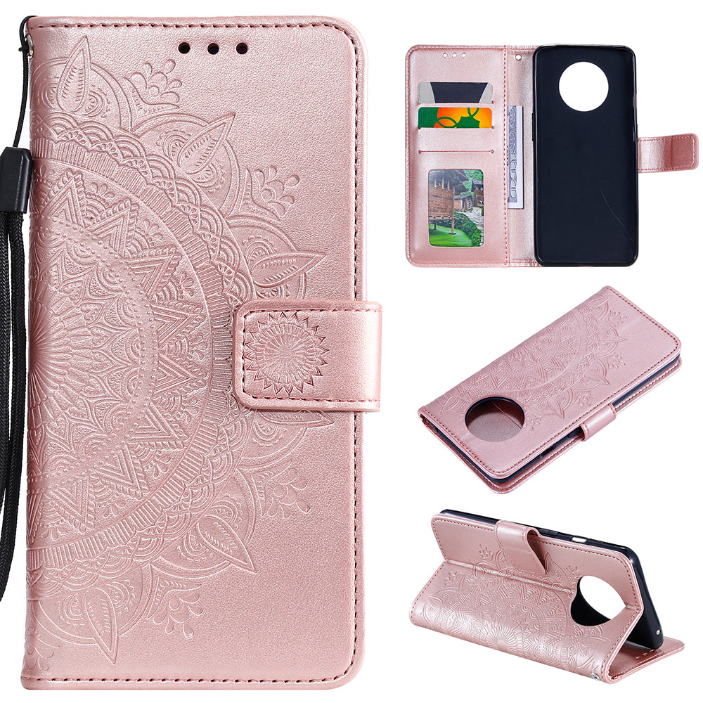 Imprinted Mandala Flower Stand Wallet Leather Case with Lanyard for Xiaomi Redmi Redmi Note 9 5G/Note 9T 5G