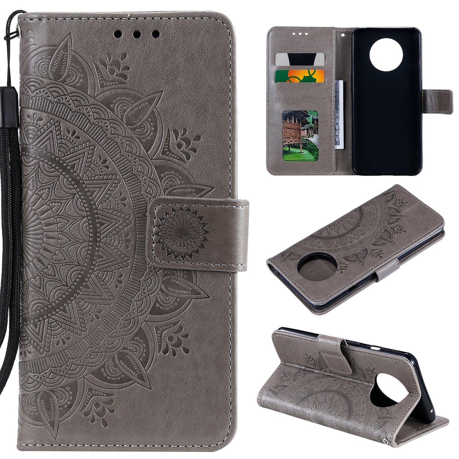 Imprinted Mandala Flower Stand Wallet Leather Case with Lanyard for Xiaomi Redmi Redmi Note 9 5G/Note 9T 5G