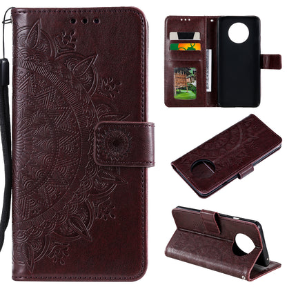 Imprinted Mandala Flower Stand Wallet Leather Case with Lanyard for Xiaomi Redmi Redmi Note 9 5G/Note 9T 5G