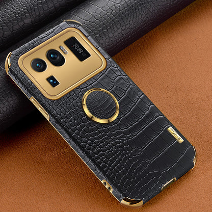 Electroplating Crocodile Texture PU Leather Coated TPU Precise Cutout Phone Cover with Ring Holder for Xiaomi Mi 11 Ultra