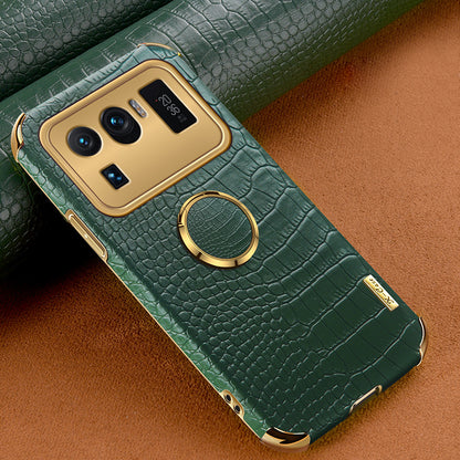 Electroplating Crocodile Texture PU Leather Coated TPU Precise Cutout Phone Cover with Ring Holder for Xiaomi Mi 11 Ultra