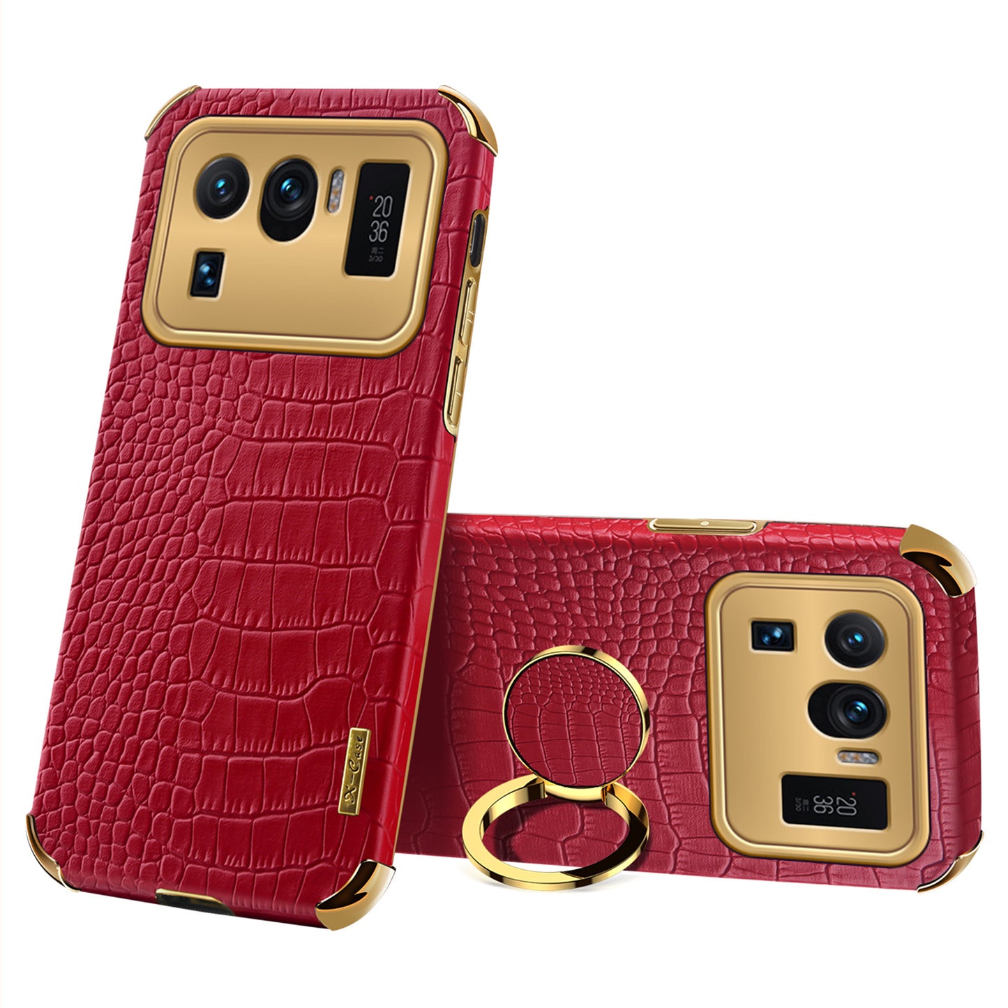 Electroplating Crocodile Texture PU Leather Coated TPU Precise Cutout Phone Cover with Ring Holder for Xiaomi Mi 11 Ultra