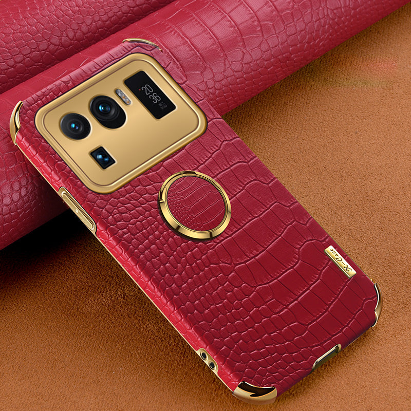 Electroplating Crocodile Texture PU Leather Coated TPU Precise Cutout Phone Cover with Ring Holder for Xiaomi Mi 11 Ultra