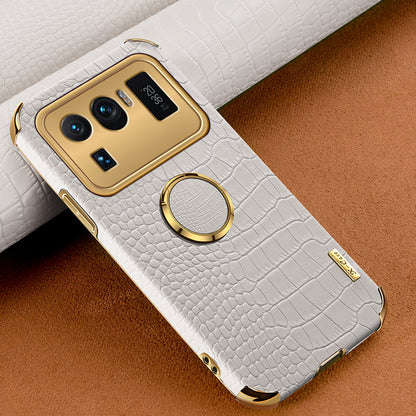 Electroplating Crocodile Texture PU Leather Coated TPU Precise Cutout Phone Cover with Ring Holder for Xiaomi Mi 11 Ultra