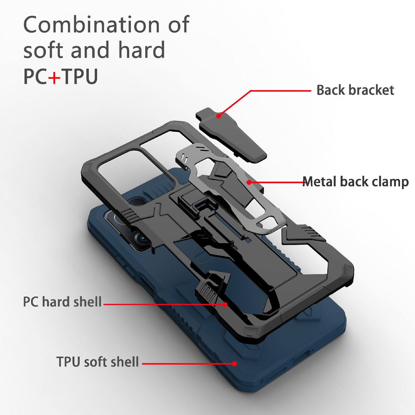 Back Clip Kickstand Design PC + TPU + Metal Hybrid Phone Protective Case Cover for Xiaomi 11T/11T Pro