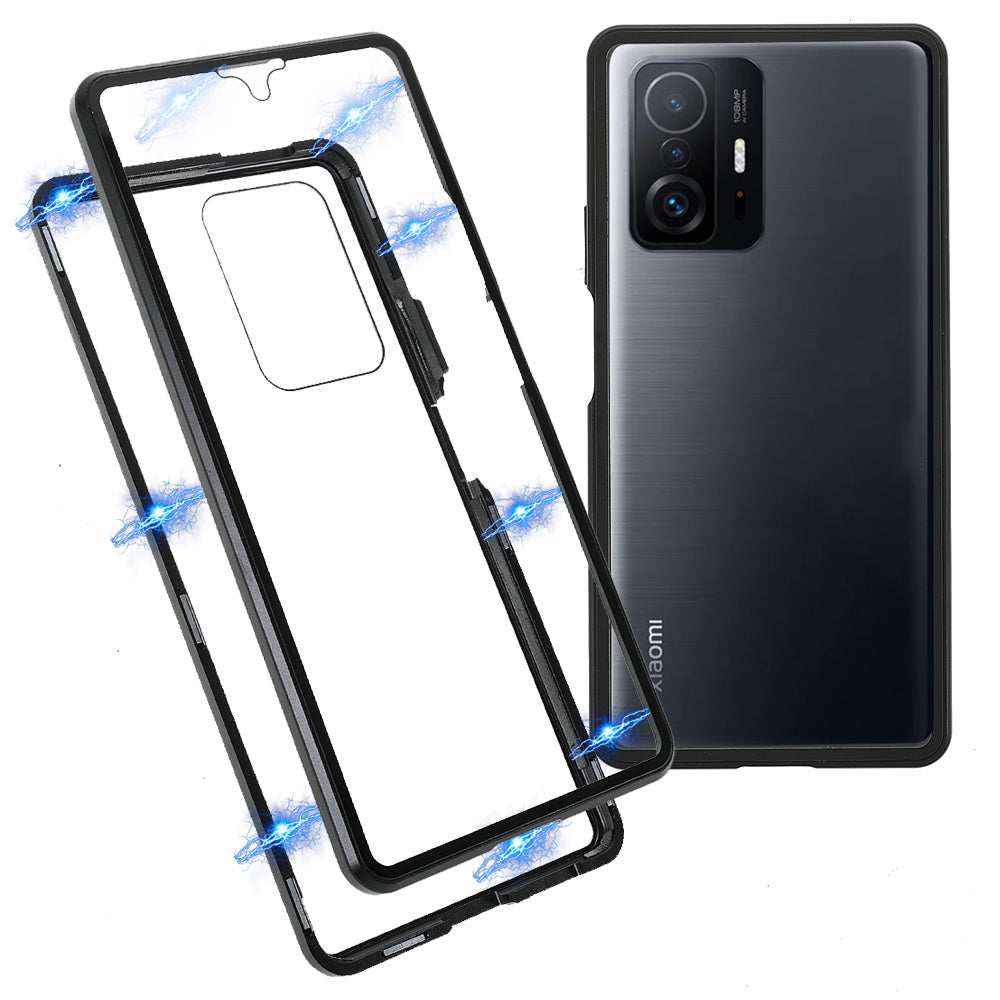 For Xiaomi 11T/11T Pro Magnetic Closure Phone Case Metal Bumper + Double-sided Tempered Glass Cover