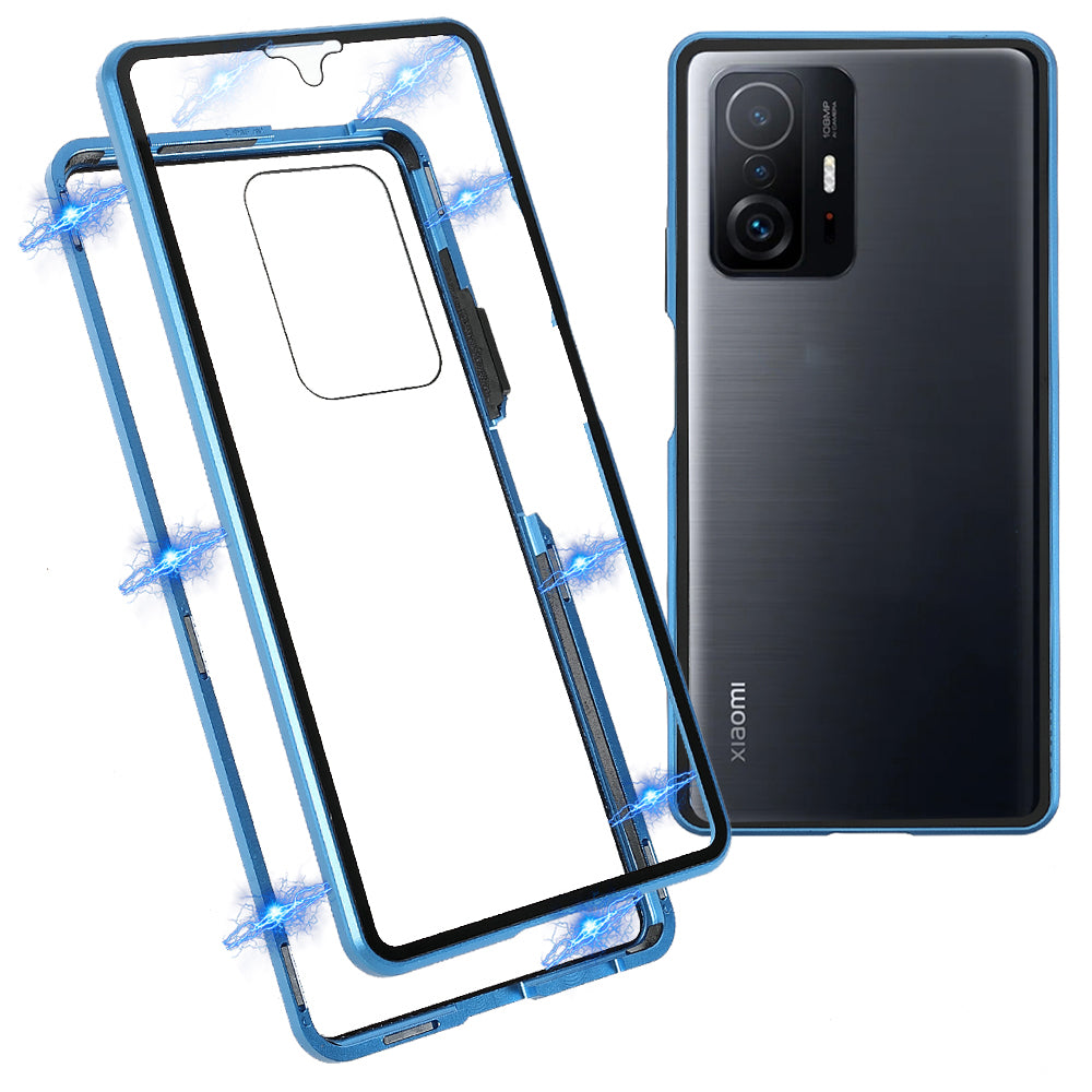 For Xiaomi 11T/11T Pro Magnetic Closure Phone Case Metal Bumper + Double-sided Tempered Glass Cover