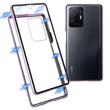 For Xiaomi 11T/11T Pro Magnetic Closure Phone Case Metal Bumper + Double-sided Tempered Glass Cover