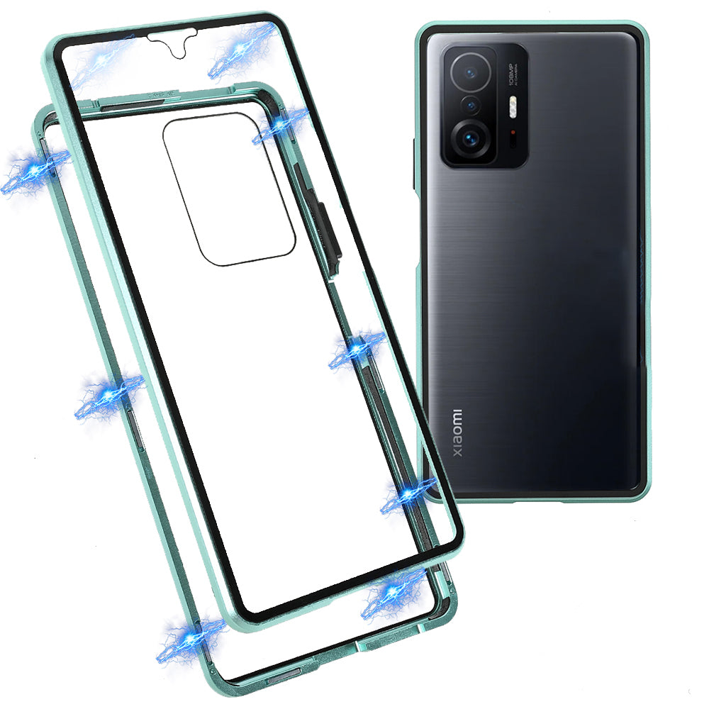 For Xiaomi 11T/11T Pro Magnetic Closure Phone Case Metal Bumper + Double-sided Tempered Glass Cover