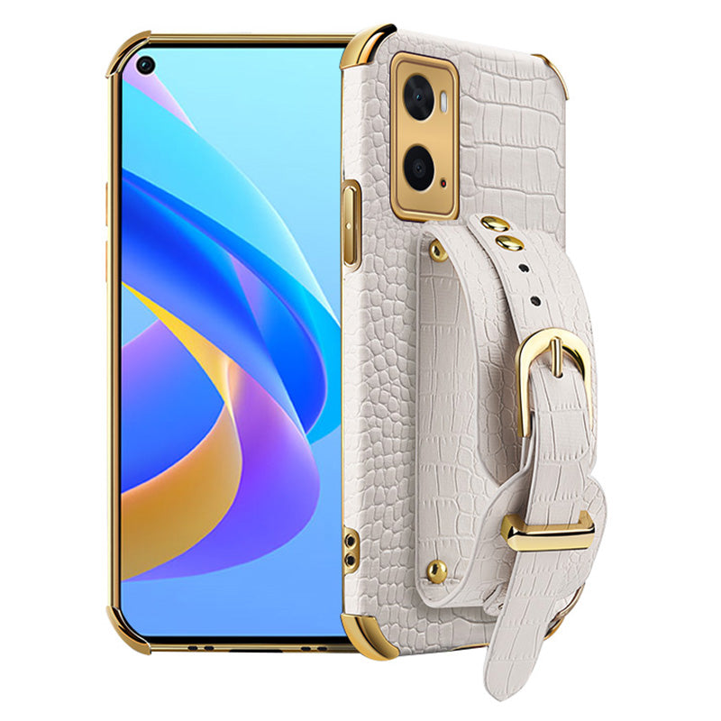 For Oppo A36/A76 PU Leather Coated TPU Case Crocodile Texture Hand Strap Kickstand Electroplating Phone Cover