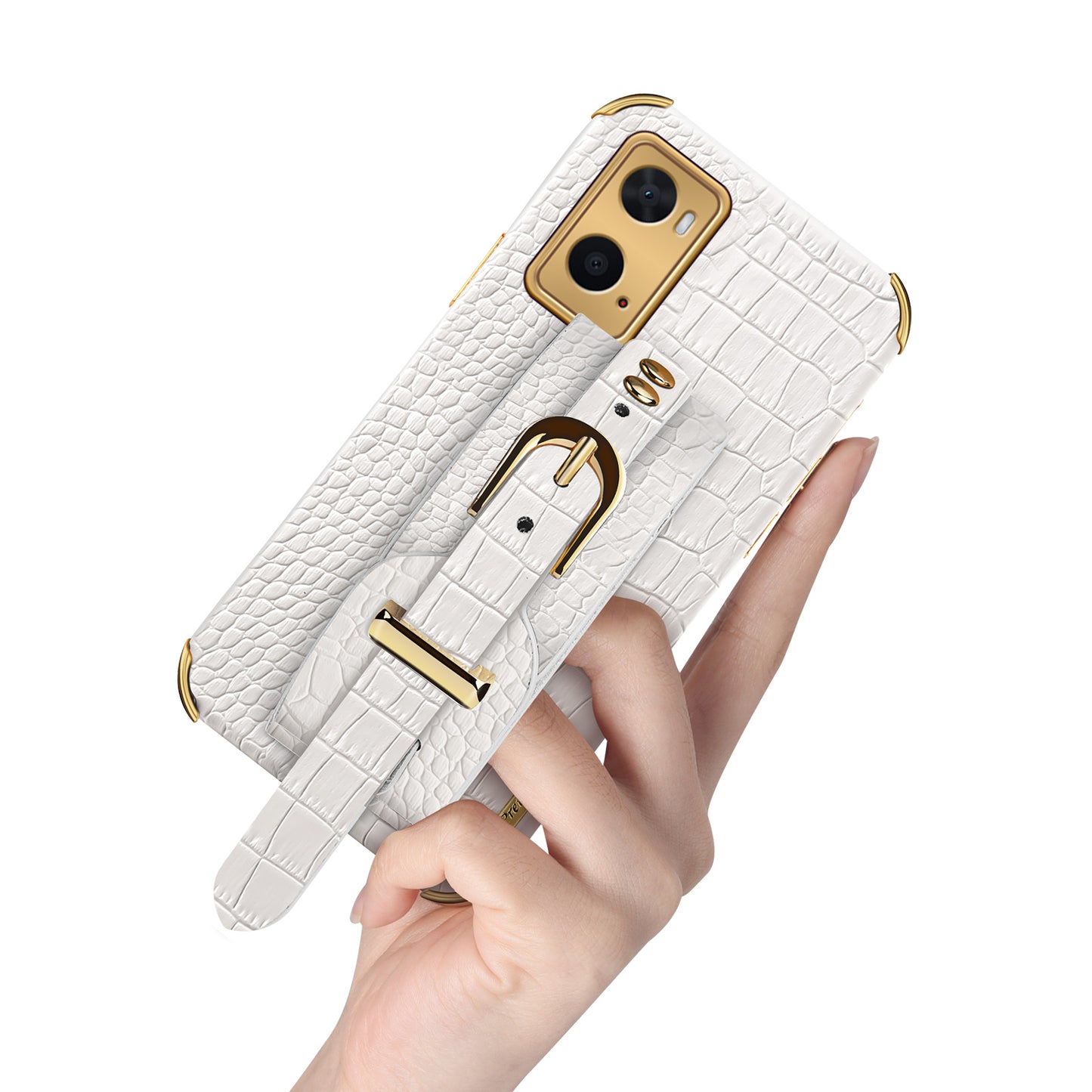 For Oppo A36/A76 PU Leather Coated TPU Case Crocodile Texture Hand Strap Kickstand Electroplating Phone Cover