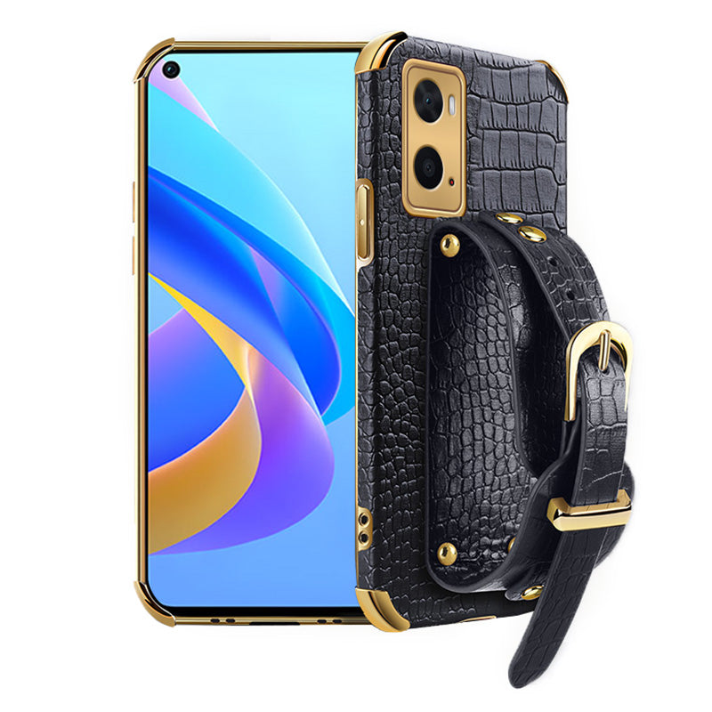 For Oppo A36/A76 PU Leather Coated TPU Case Crocodile Texture Hand Strap Kickstand Electroplating Phone Cover