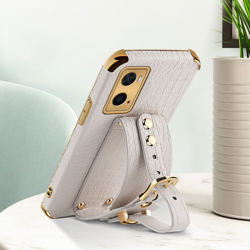 For Oppo A36/A76 PU Leather Coated TPU Case Crocodile Texture Hand Strap Kickstand Electroplating Phone Cover