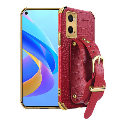 For Oppo A36/A76 PU Leather Coated TPU Case Crocodile Texture Hand Strap Kickstand Electroplating Phone Cover