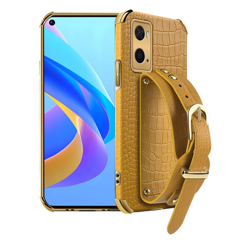 For Oppo A36/A76 PU Leather Coated TPU Case Crocodile Texture Hand Strap Kickstand Electroplating Phone Cover