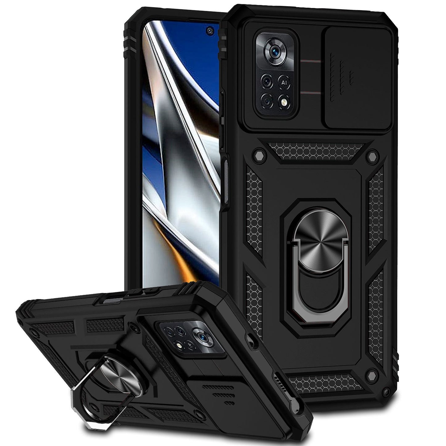 For Xiaomi Poco X4 Pro 5G Protective Case Slide Camera Cover Hard PC + Soft TPU Phone Protector with Ring Kickstand