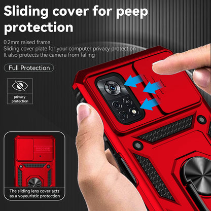 For Xiaomi Poco X4 Pro 5G Protective Case Slide Camera Cover Hard PC + Soft TPU Phone Protector with Ring Kickstand