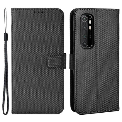 For Xiaomi Mi Note 10 Lite Diamond Texture Folding Stand PU Leather Case Magnetic Closure Wallet Flip Cover with Strap