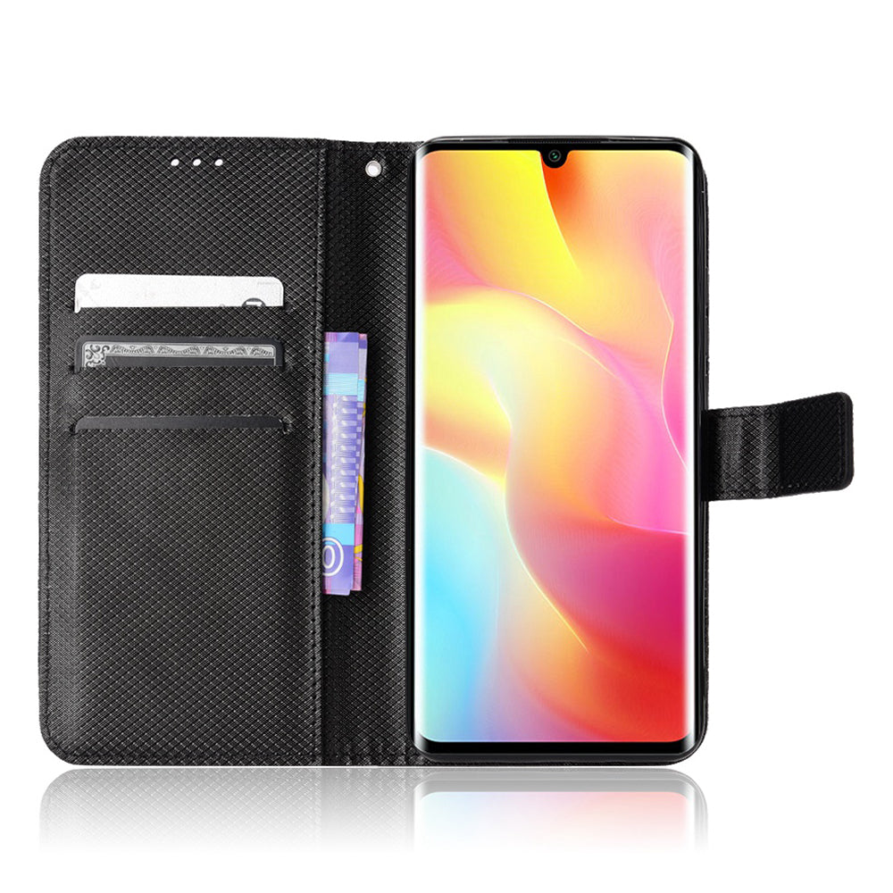 For Xiaomi Mi Note 10 Lite Diamond Texture Folding Stand PU Leather Case Magnetic Closure Wallet Flip Cover with Strap