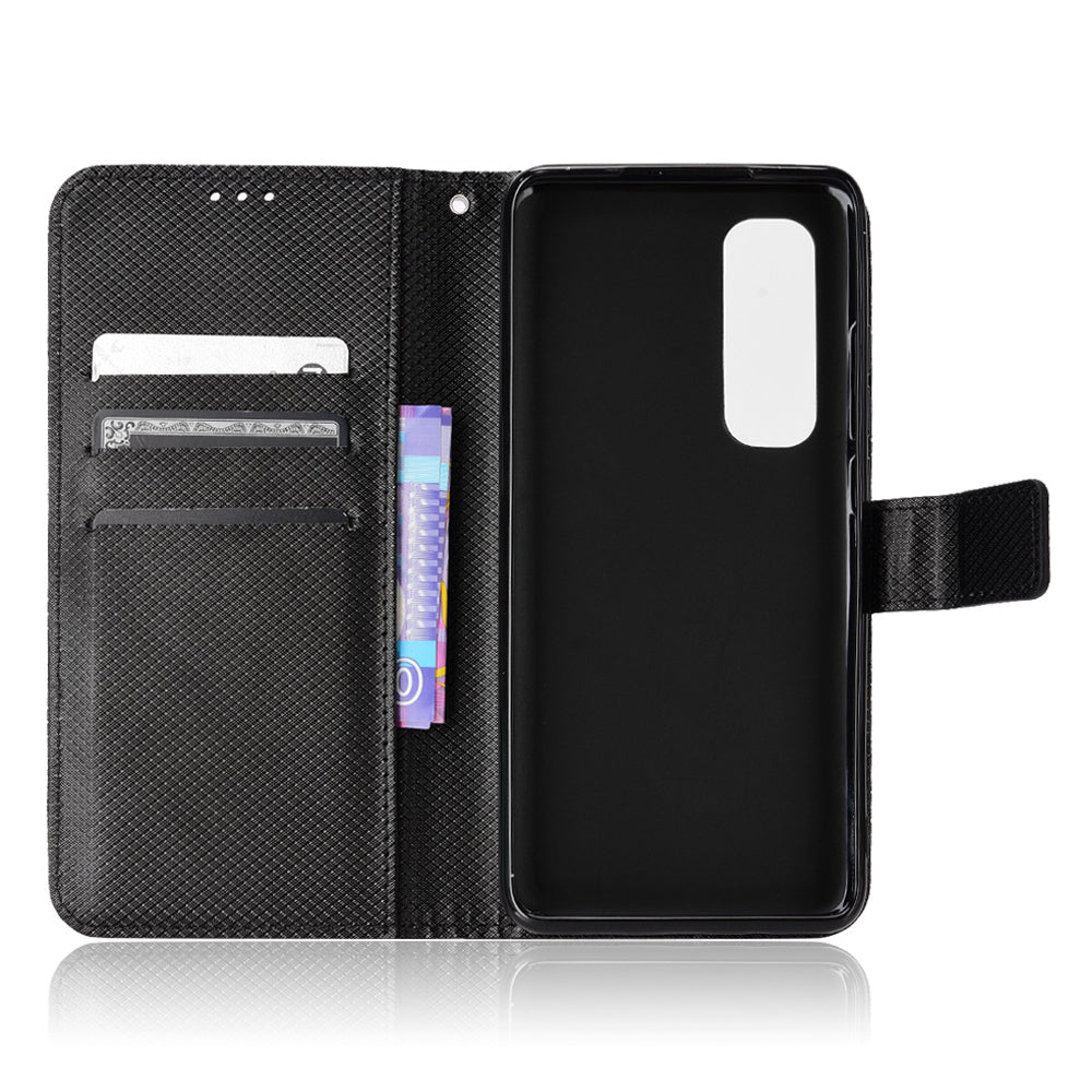 For Xiaomi Mi Note 10 Lite Diamond Texture Folding Stand PU Leather Case Magnetic Closure Wallet Flip Cover with Strap