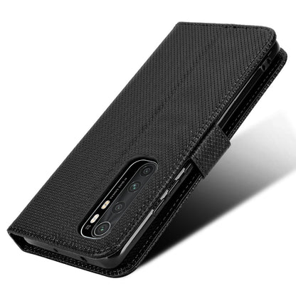 For Xiaomi Mi Note 10 Lite Diamond Texture Folding Stand PU Leather Case Magnetic Closure Wallet Flip Cover with Strap