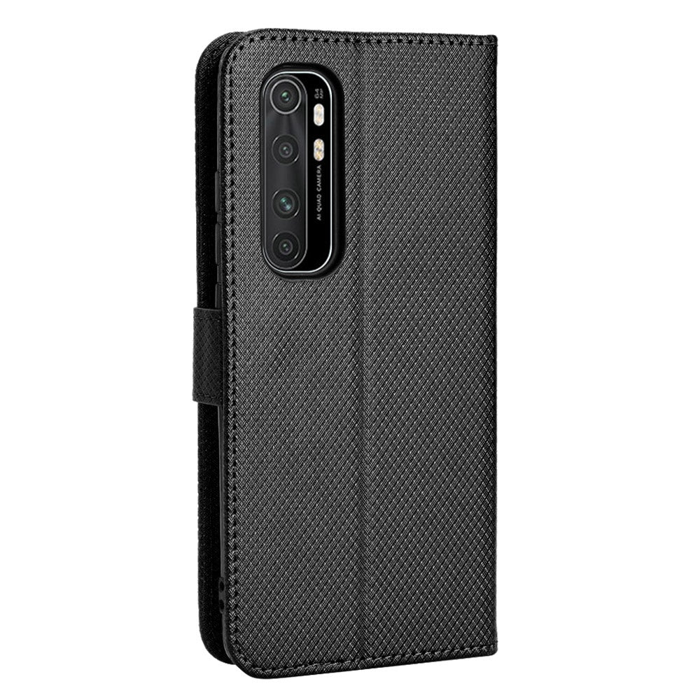 For Xiaomi Mi Note 10 Lite Diamond Texture Folding Stand PU Leather Case Magnetic Closure Wallet Flip Cover with Strap