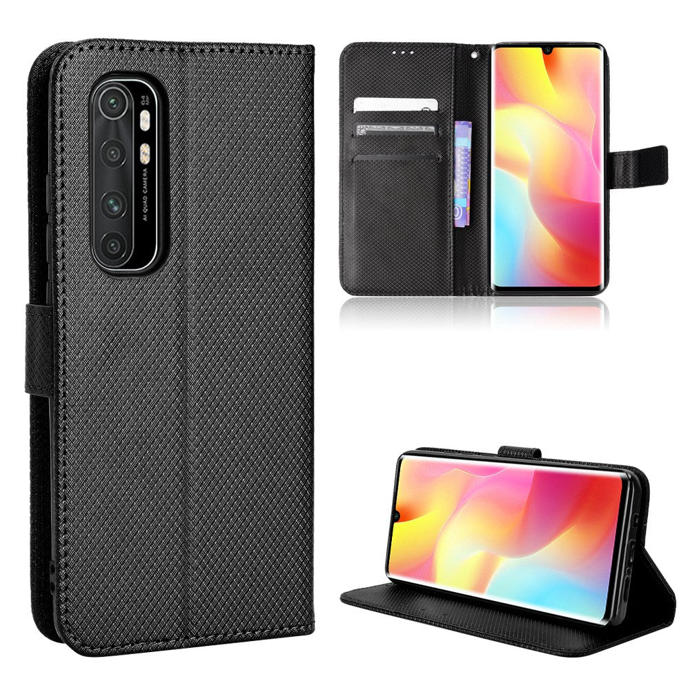 For Xiaomi Mi Note 10 Lite Diamond Texture Folding Stand PU Leather Case Magnetic Closure Wallet Flip Cover with Strap