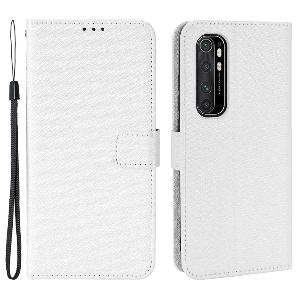 For Xiaomi Mi Note 10 Lite Diamond Texture Folding Stand PU Leather Case Magnetic Closure Wallet Flip Cover with Strap