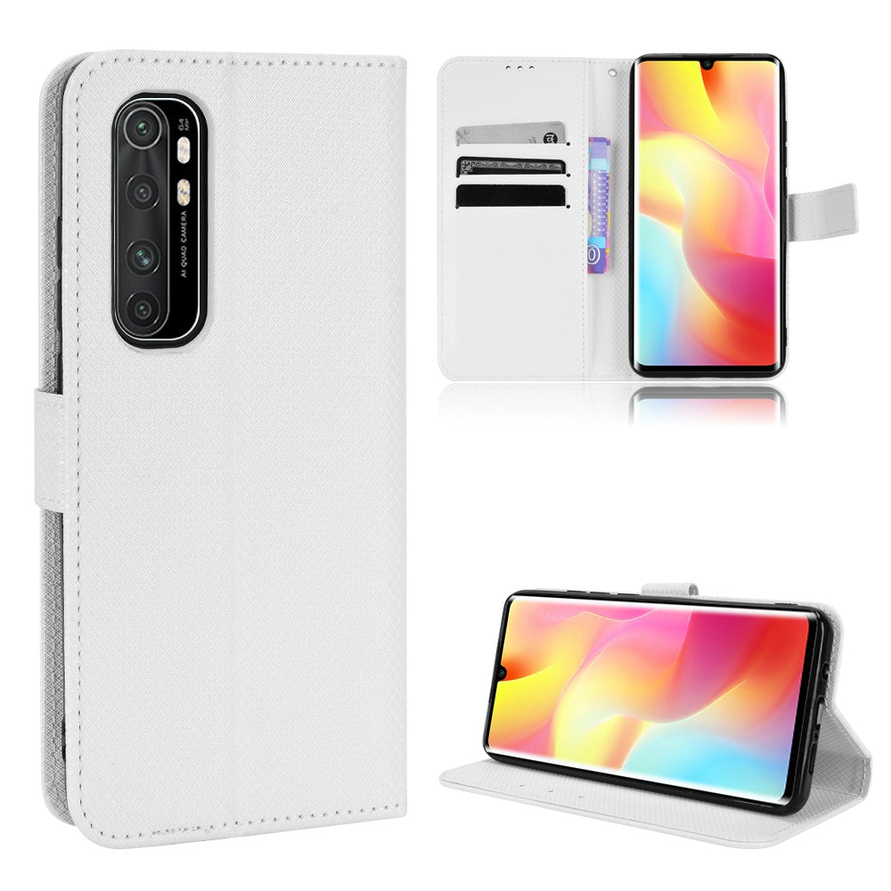 For Xiaomi Mi Note 10 Lite Diamond Texture Folding Stand PU Leather Case Magnetic Closure Wallet Flip Cover with Strap