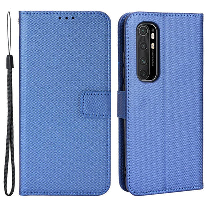 For Xiaomi Mi Note 10 Lite Diamond Texture Folding Stand PU Leather Case Magnetic Closure Wallet Flip Cover with Strap