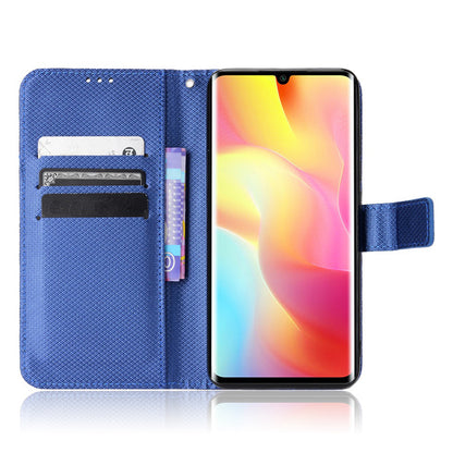 For Xiaomi Mi Note 10 Lite Diamond Texture Folding Stand PU Leather Case Magnetic Closure Wallet Flip Cover with Strap