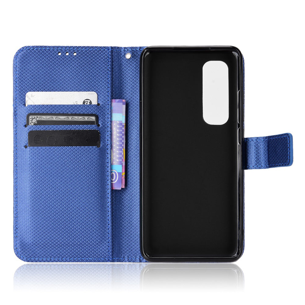 For Xiaomi Mi Note 10 Lite Diamond Texture Folding Stand PU Leather Case Magnetic Closure Wallet Flip Cover with Strap