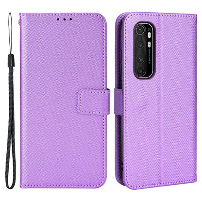 For Xiaomi Mi Note 10 Lite Diamond Texture Folding Stand PU Leather Case Magnetic Closure Wallet Flip Cover with Strap