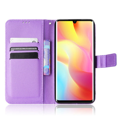 For Xiaomi Mi Note 10 Lite Diamond Texture Folding Stand PU Leather Case Magnetic Closure Wallet Flip Cover with Strap