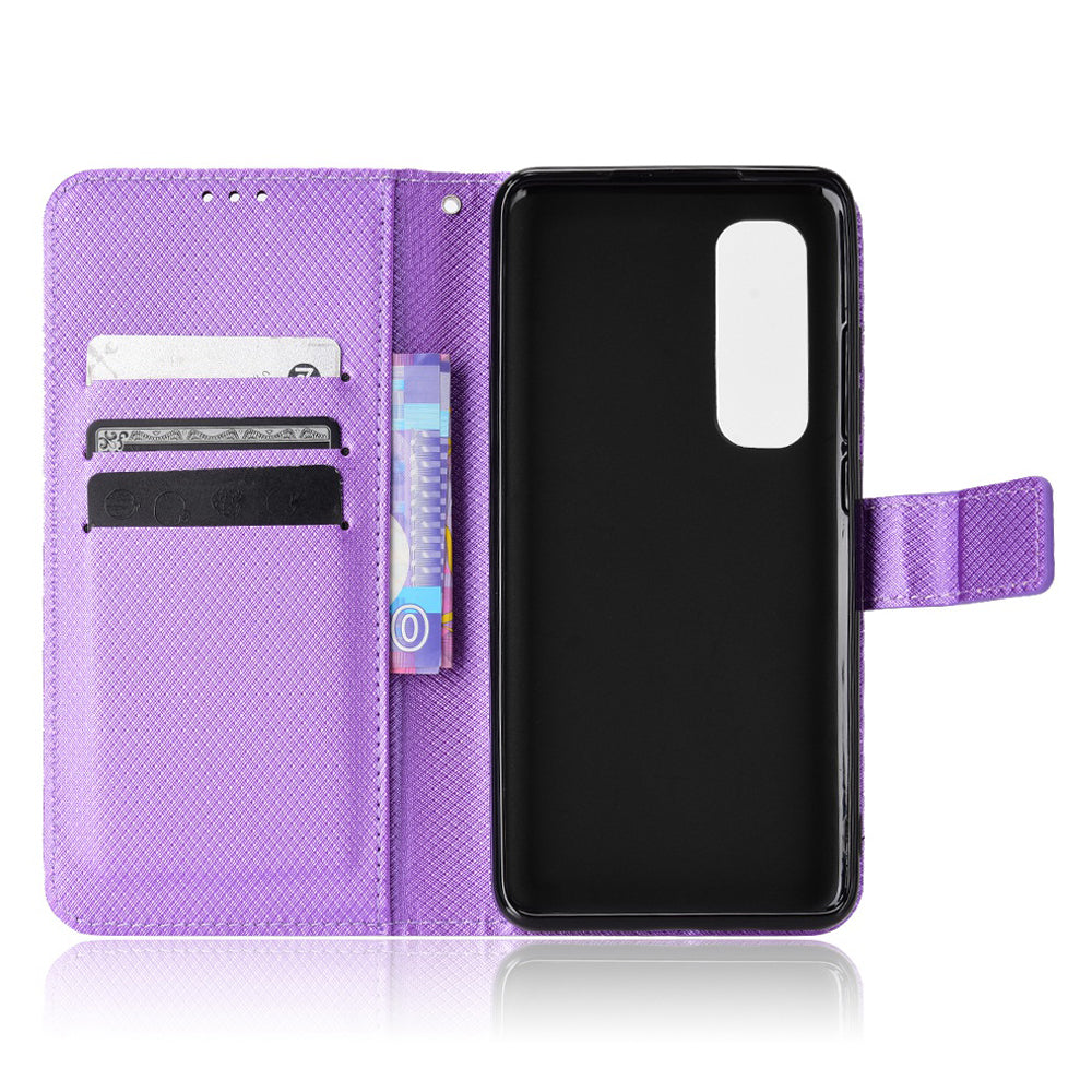 For Xiaomi Mi Note 10 Lite Diamond Texture Folding Stand PU Leather Case Magnetic Closure Wallet Flip Cover with Strap