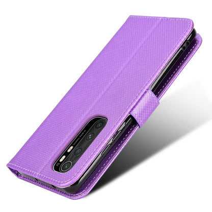 For Xiaomi Mi Note 10 Lite Diamond Texture Folding Stand PU Leather Case Magnetic Closure Wallet Flip Cover with Strap