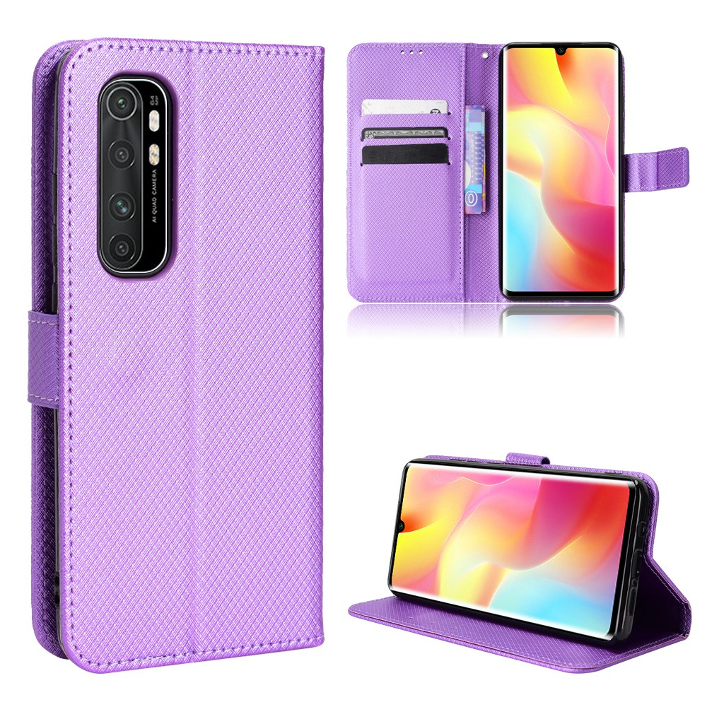 For Xiaomi Mi Note 10 Lite Diamond Texture Folding Stand PU Leather Case Magnetic Closure Wallet Flip Cover with Strap