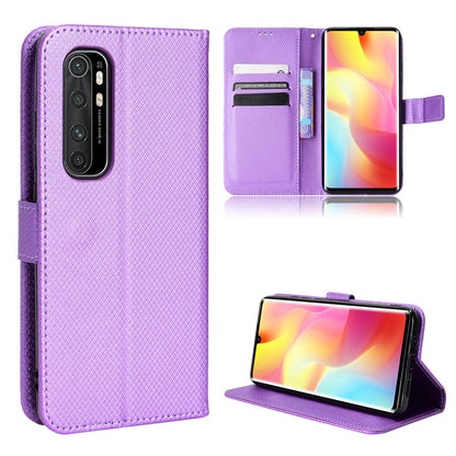 For Xiaomi Mi Note 10 Lite Diamond Texture Folding Stand PU Leather Case Magnetic Closure Wallet Flip Cover with Strap