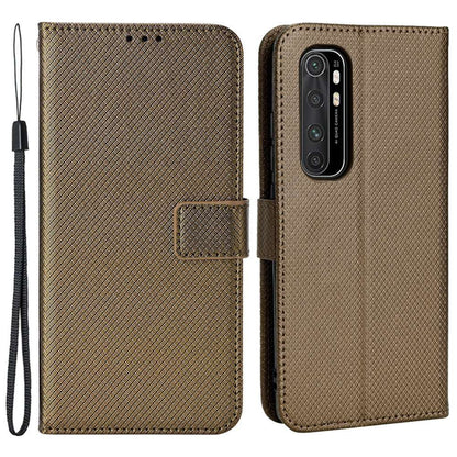 For Xiaomi Mi Note 10 Lite Diamond Texture Folding Stand PU Leather Case Magnetic Closure Wallet Flip Cover with Strap