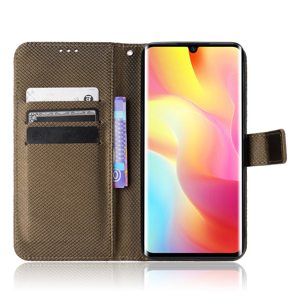 For Xiaomi Mi Note 10 Lite Diamond Texture Folding Stand PU Leather Case Magnetic Closure Wallet Flip Cover with Strap