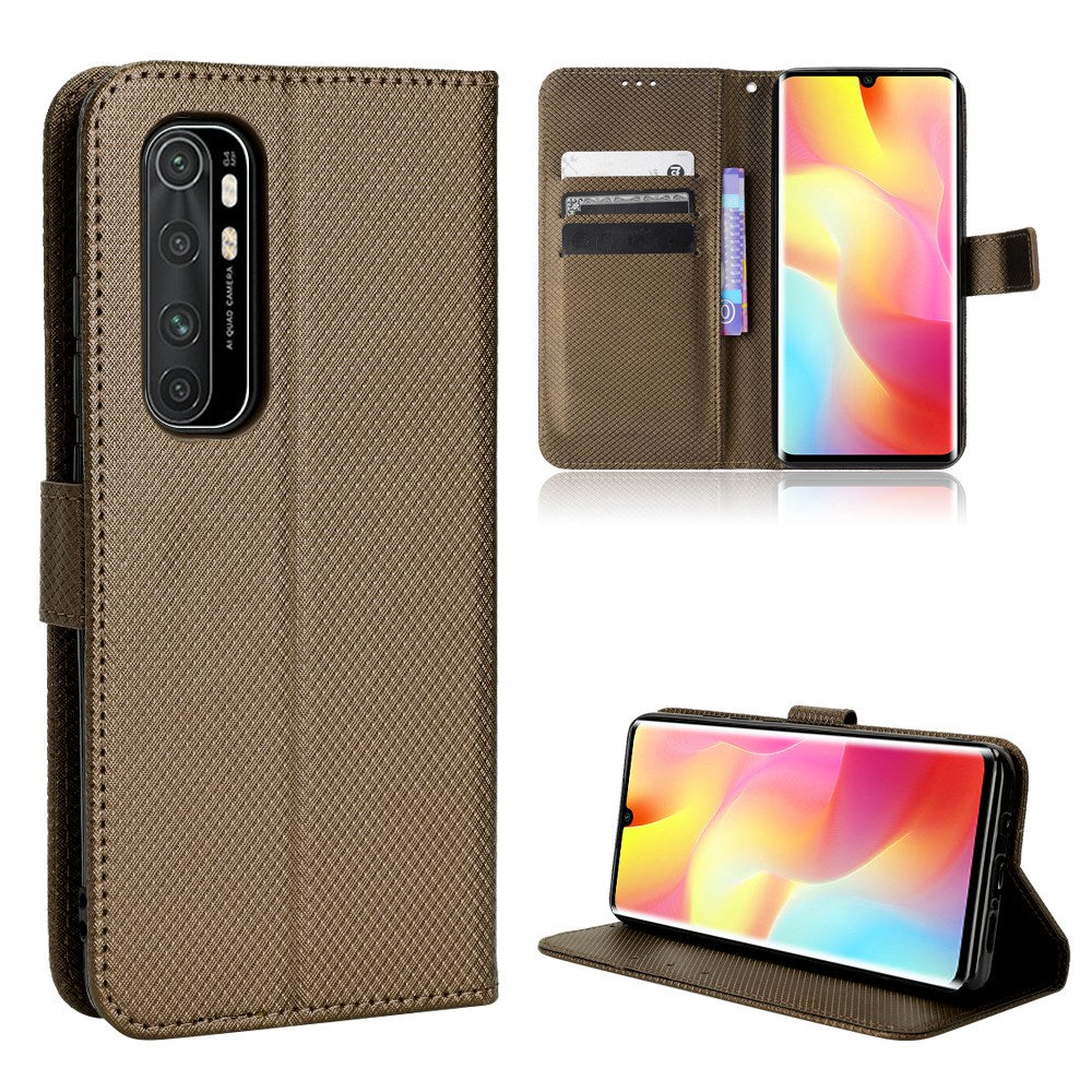 For Xiaomi Mi Note 10 Lite Diamond Texture Folding Stand PU Leather Case Magnetic Closure Wallet Flip Cover with Strap