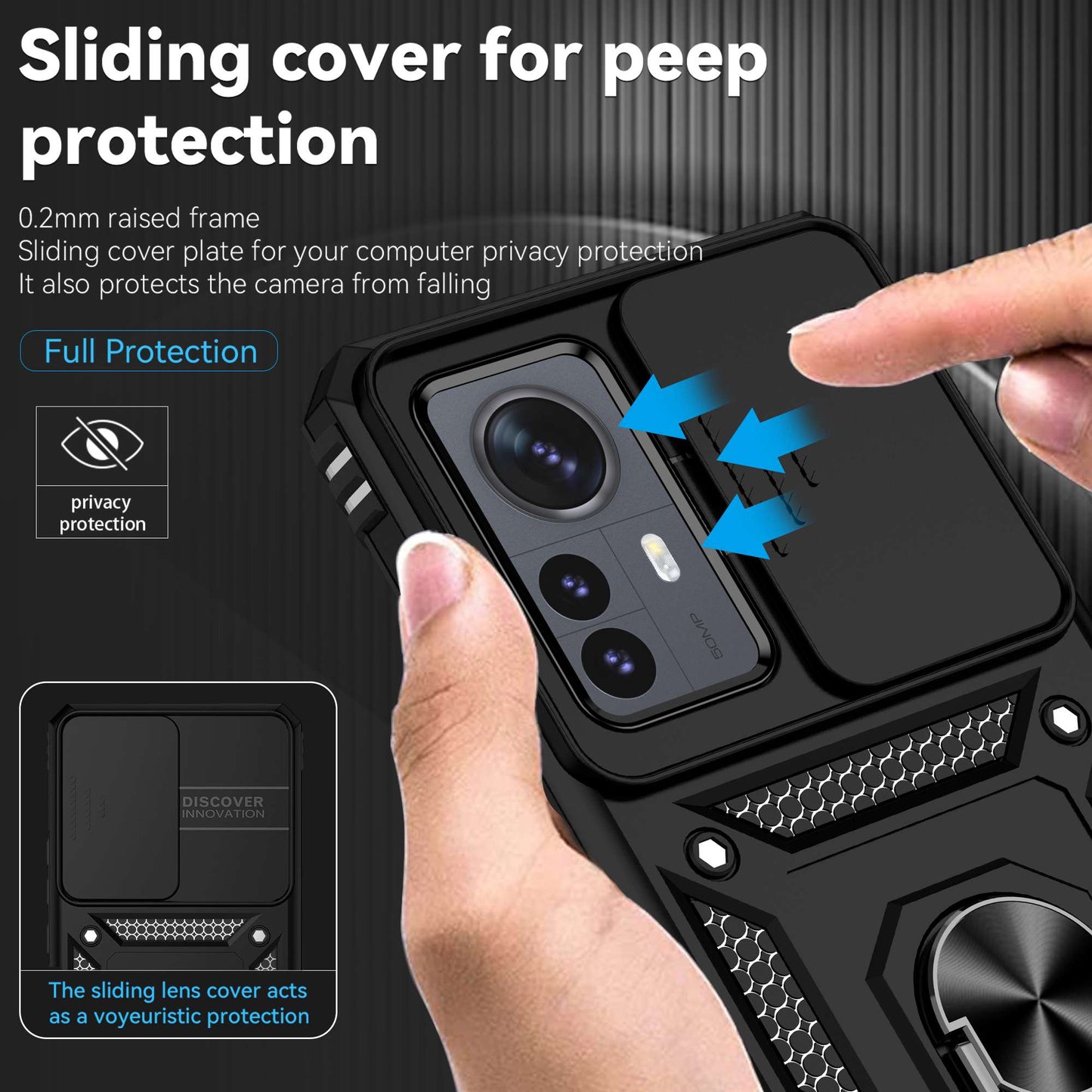 For Xiaomi 12 Pro 5G/12S Pro 5G/12 Pro (Dimensity) 5G Shockproof Phone Protection Case Ring Kickstand Hybrid PC + TPU Shell with Slide Camera Protection Cover