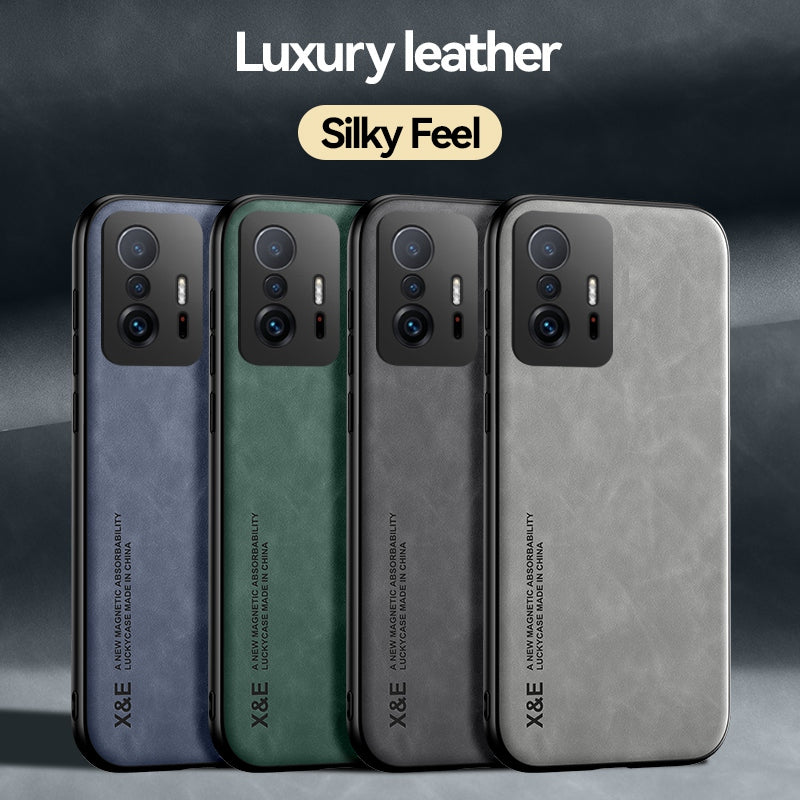 X&E For Xiaomi 11T 5G / 11T Pro 5G Skin-touch Feeling Phone Cover PU Leather Coating Soft TPU Case with Metal Sheet for Car Holder