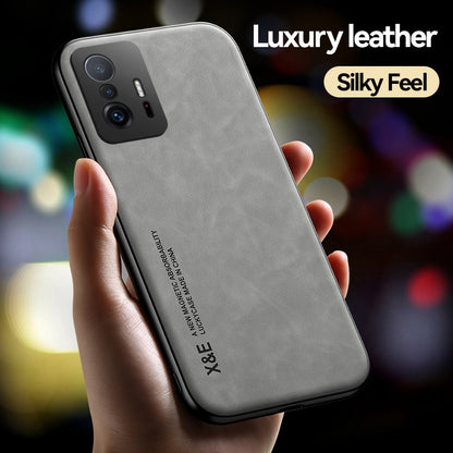 X&E For Xiaomi 11T 5G / 11T Pro 5G Skin-touch Feeling Phone Cover PU Leather Coating Soft TPU Case with Metal Sheet for Car Holder