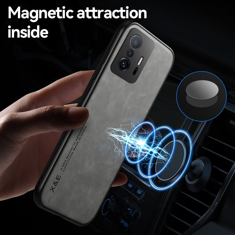 X&E For Xiaomi 11T 5G / 11T Pro 5G Skin-touch Feeling Phone Cover PU Leather Coating Soft TPU Case with Metal Sheet for Car Holder