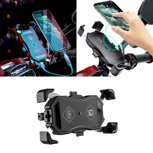 M11-A Motorcycle Wireless & QC3.0 USB Phone Mount Charger Qi 15W Handlebar Rear-View Mirror Cellphone Holder 360 Rotation for 3.5-6.5 Inch Smartphones