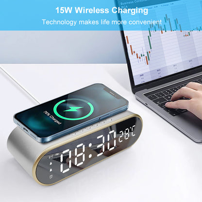 W628 Alarm Clock 15W Wireless Charger Thermometer Calendar Snooze Functions Alarm