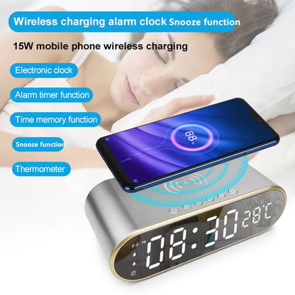 W628 Alarm Clock 15W Wireless Charger Thermometer Calendar Snooze Functions Alarm